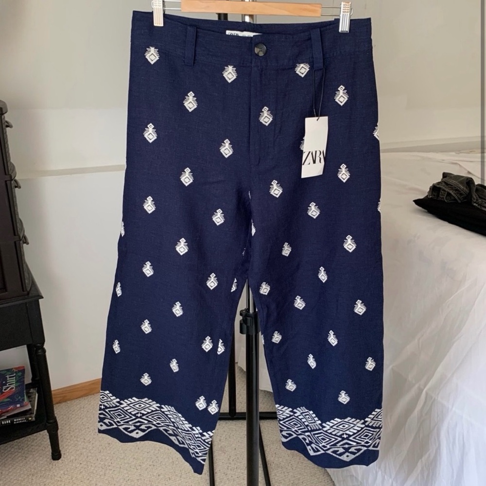 Zara Embroidered Linen Blend Wide Leg Ankle Pants Navy Blue NWT Women’s Large